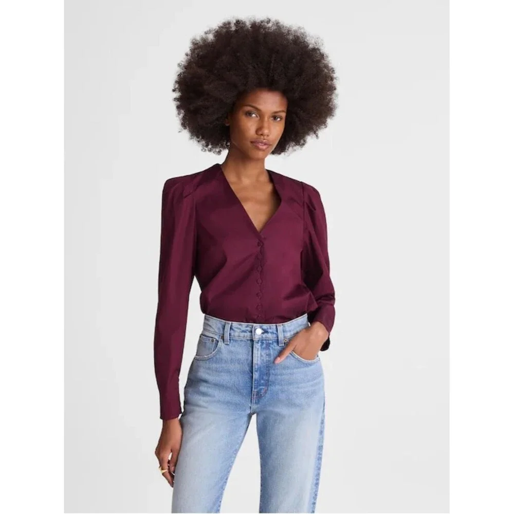 Madewell V-Neck Button-Front Top XS Dark Pomegranate Long Sleeve Workwear